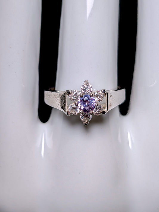 Vintage Simulated Amethyst Solitaire and Simulated Diamond Accent Stones Sterling Silver Flower Ring