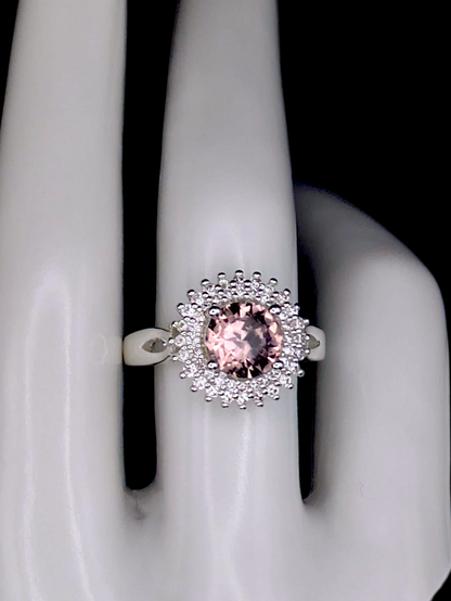 Vintage Inspired Round Brilliant Cut Simulated Pink Sapphire Solitaire with Simulated Diamond Double Sunburst Halo Silver Toned Ring