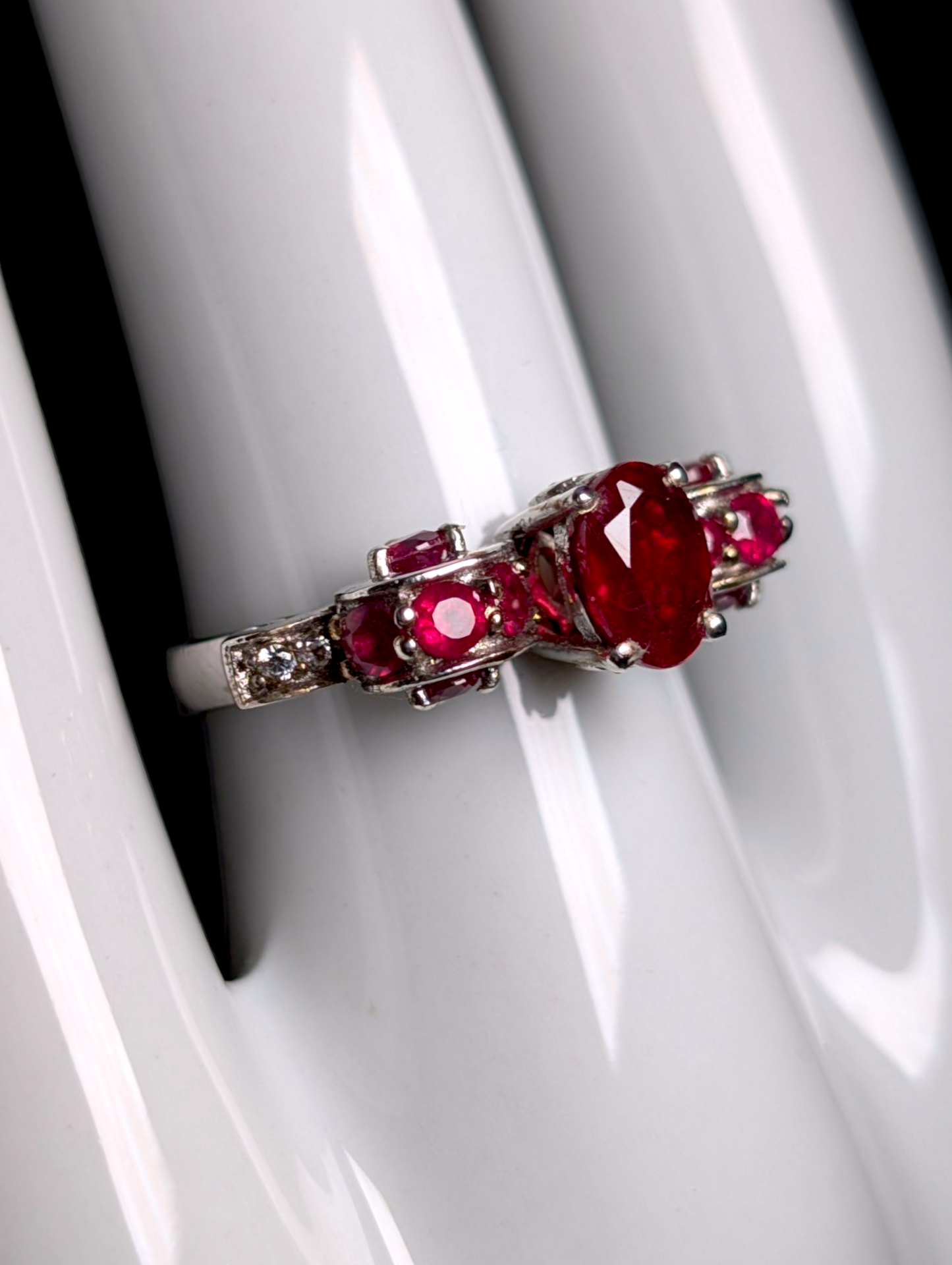 Vintage Royal Inspired Oval Cut Solitaire Genuine Ruby with Ruby Accent Stones and Diamond Accented Mount in Sterling Silver Ring