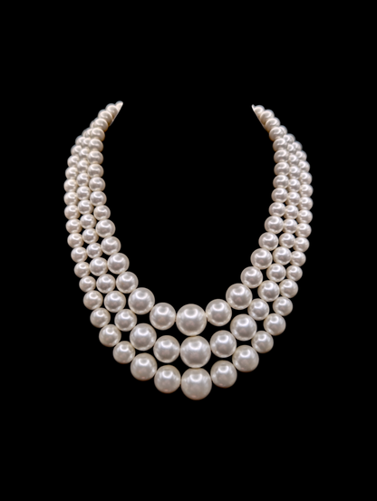 Vintage 1950s Graduating Three Strand Faux Pearl Sterling Silver Statement Necklace