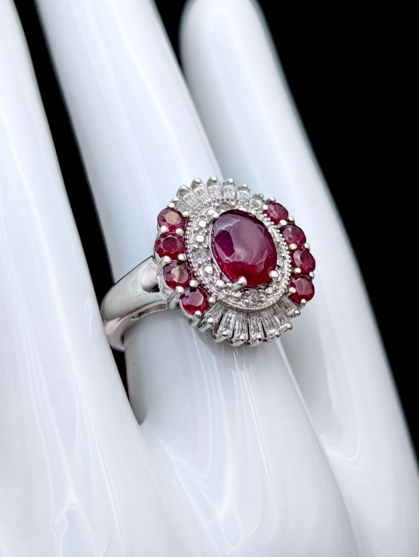 Vintage Art Deco Inspired Earth Mined Genuine Ruby and White Topaz Halo Rhodium over Sterling Silver Ring