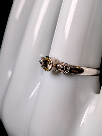 Vintage Dainty Cabochon Cut Genuine Pale Citrine Bezel Set Solitaire Sterling Silver Stackable Ring