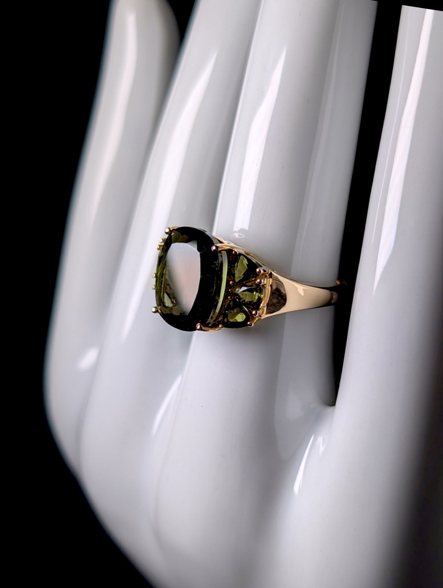 Vintage Cushion Cut Genuine Moldavite Solitaire 10k Yellow Gold Statement Ring