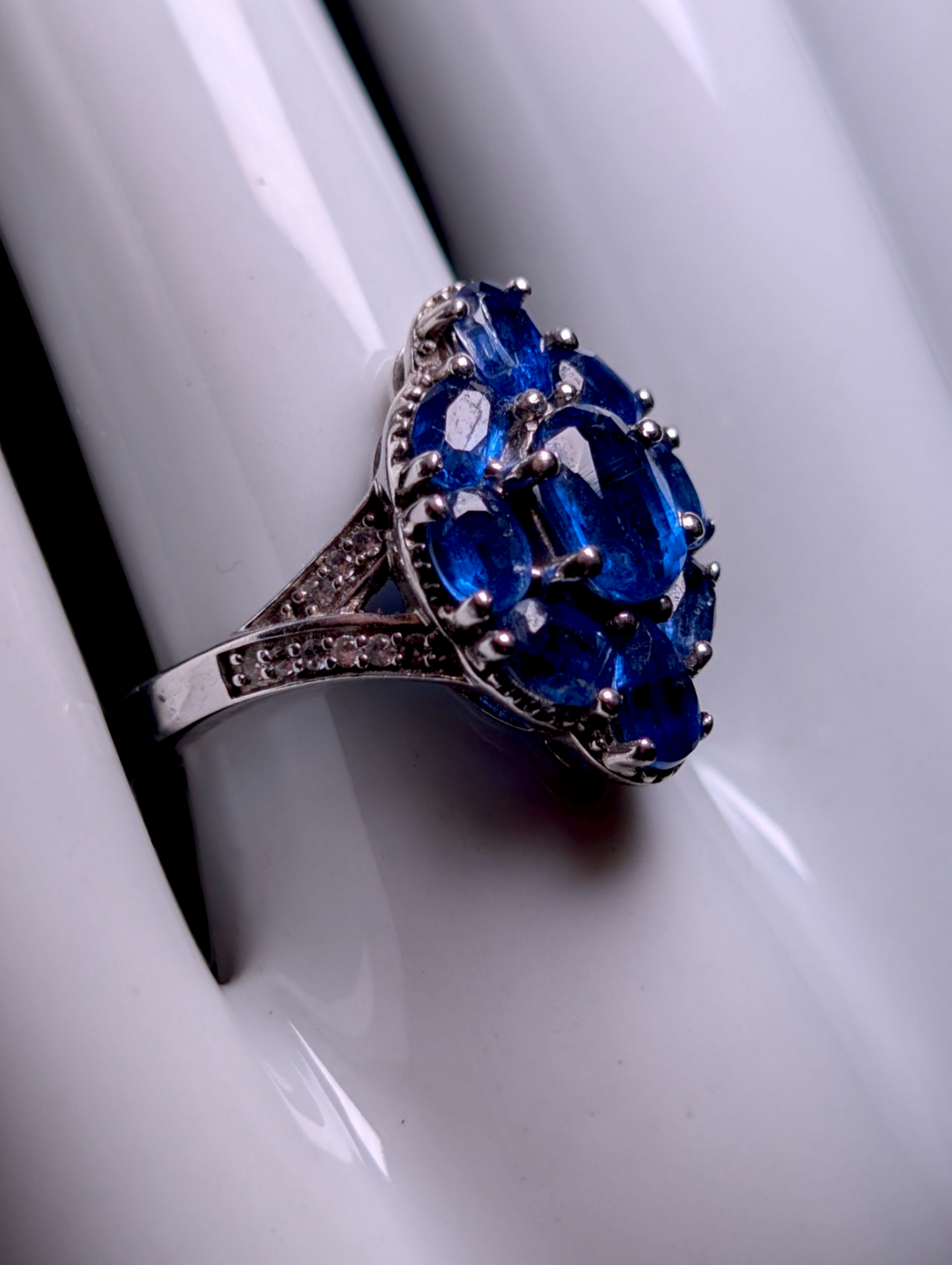 Vintage Cluster Genuine Kashmir Kyanite with White Zircon Accents Cross Over Sterling Silver Ring