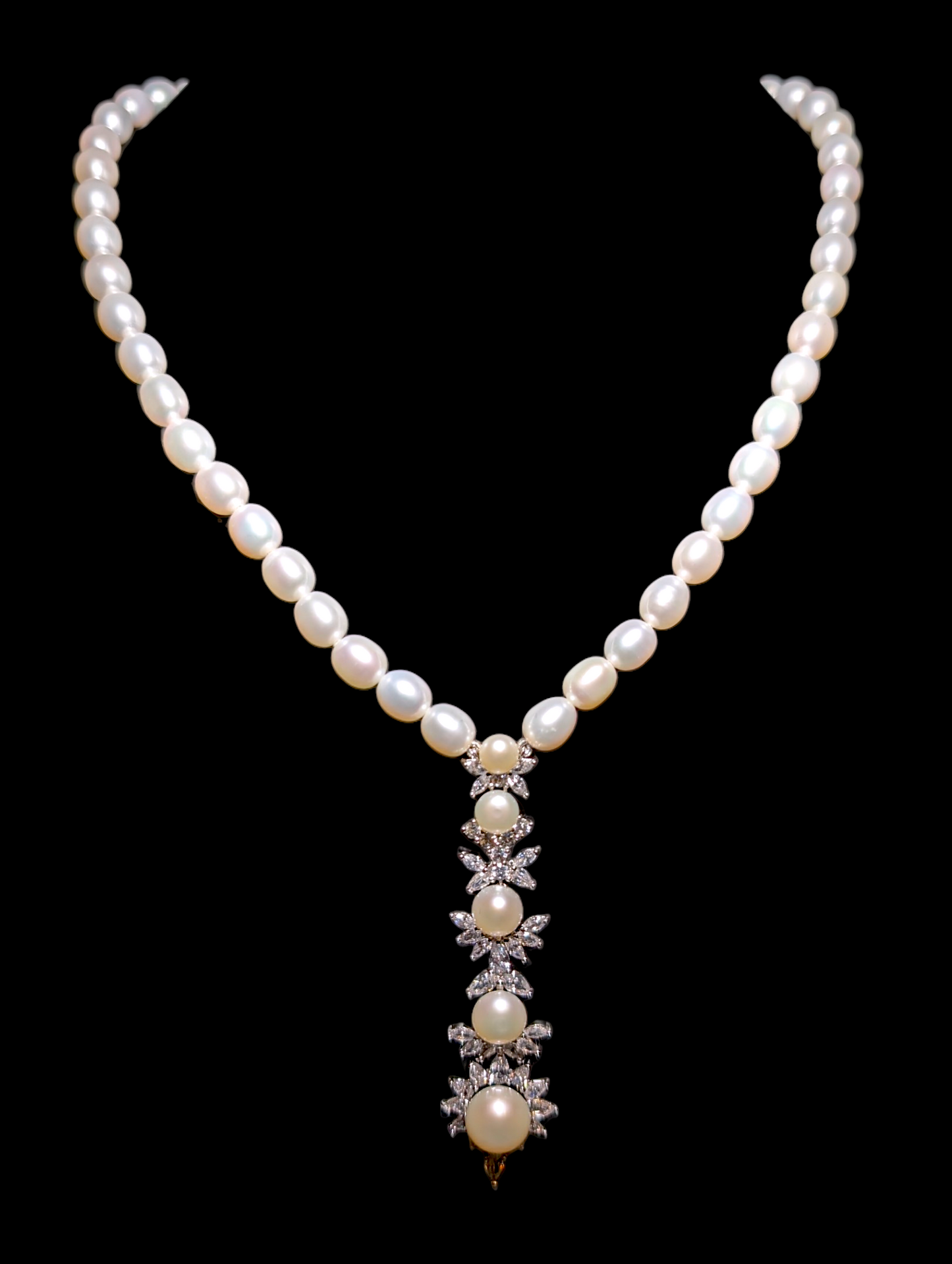 Vintage Genuine White Pearls with Simulated Diamond Silver Toned Necklace