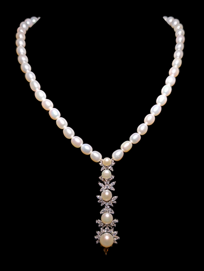Vintage Genuine White Pearls with Simulated Diamond Silver Toned Necklace