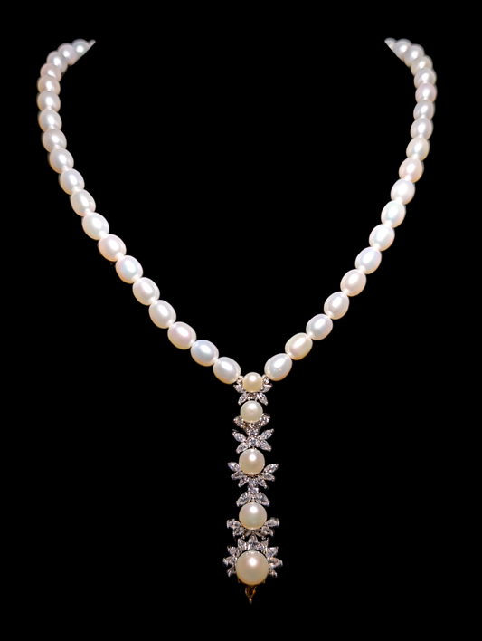 Vintage Genuine White Pearls with Simulated Diamond Silver Toned Necklace