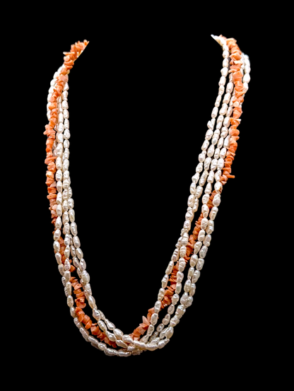1940s - 1960s 5 Strand Baroque Pearl and Coral Necklace