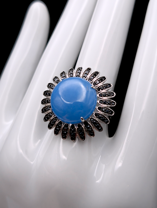 Vintage Inspired Blue Jadeite Cabochon Gumdrop Flower with Black Onyx Petals Sterling Silver Ring