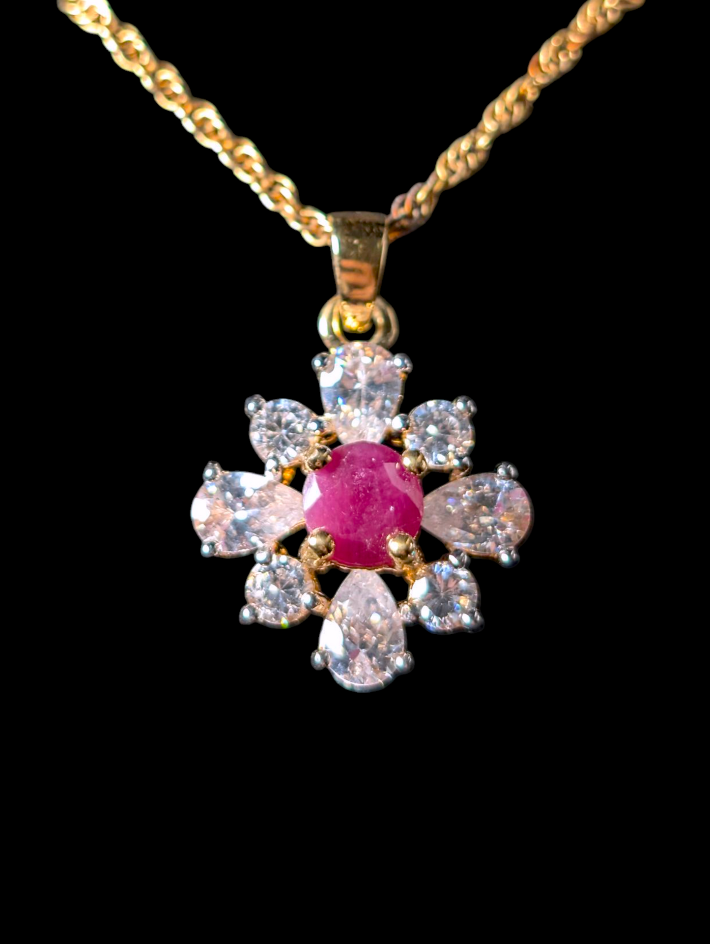 Vintage Earth Mined Genuine Ruby and Simulated Diamond Pendant and Gold Tone Chain Necklace