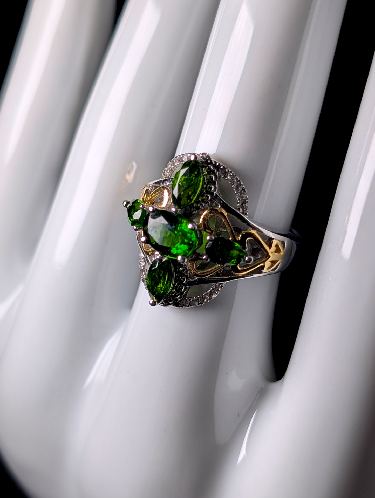 Vintage Inspired Genuine Chrome Diopside with White Topaz Accents 14k Yellow Gold Filigree and Rhodium over Sterling Silver Ring