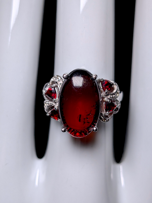 Vintage Solitaire Genuine Cherry Amber with Garnet Accents Sterling Silver Ring
