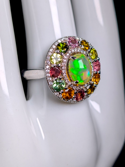 Vintage Designer Carol Brodie Genuine Ethiopian Fire Opal and Rainbow Tourmaline Halo Sterling Silver Cocktail Statement Ring