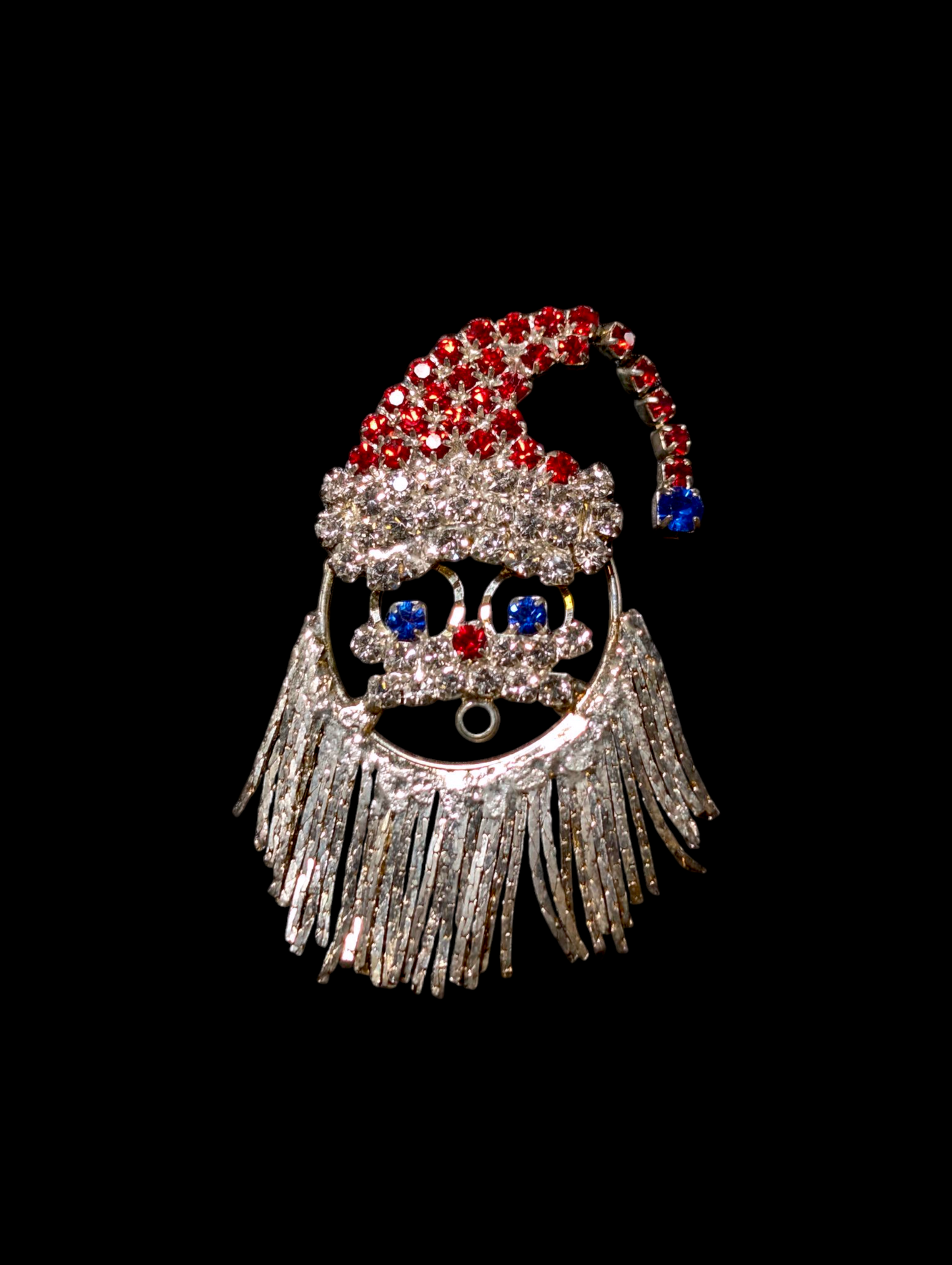 1960s Vintage Santa Face Rhinestone Brooch Pin with Flexible Beard and Hat