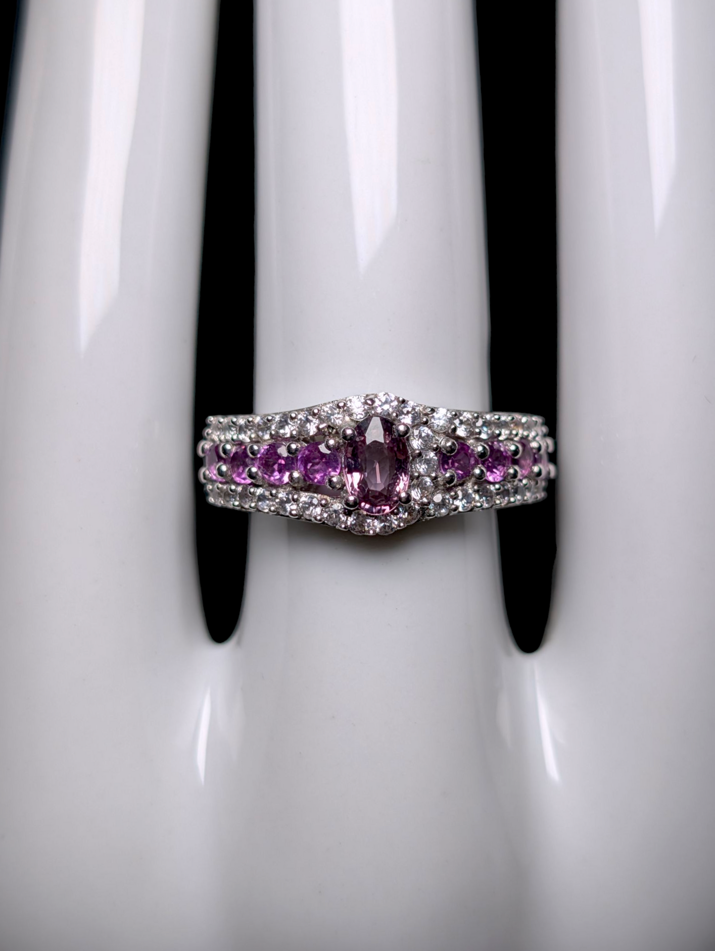 Vintage Genuine Pink Sapphire Solitaire with Pink Tourmaline Accent Stones and White Topaz Halo Sterling Silver Ring