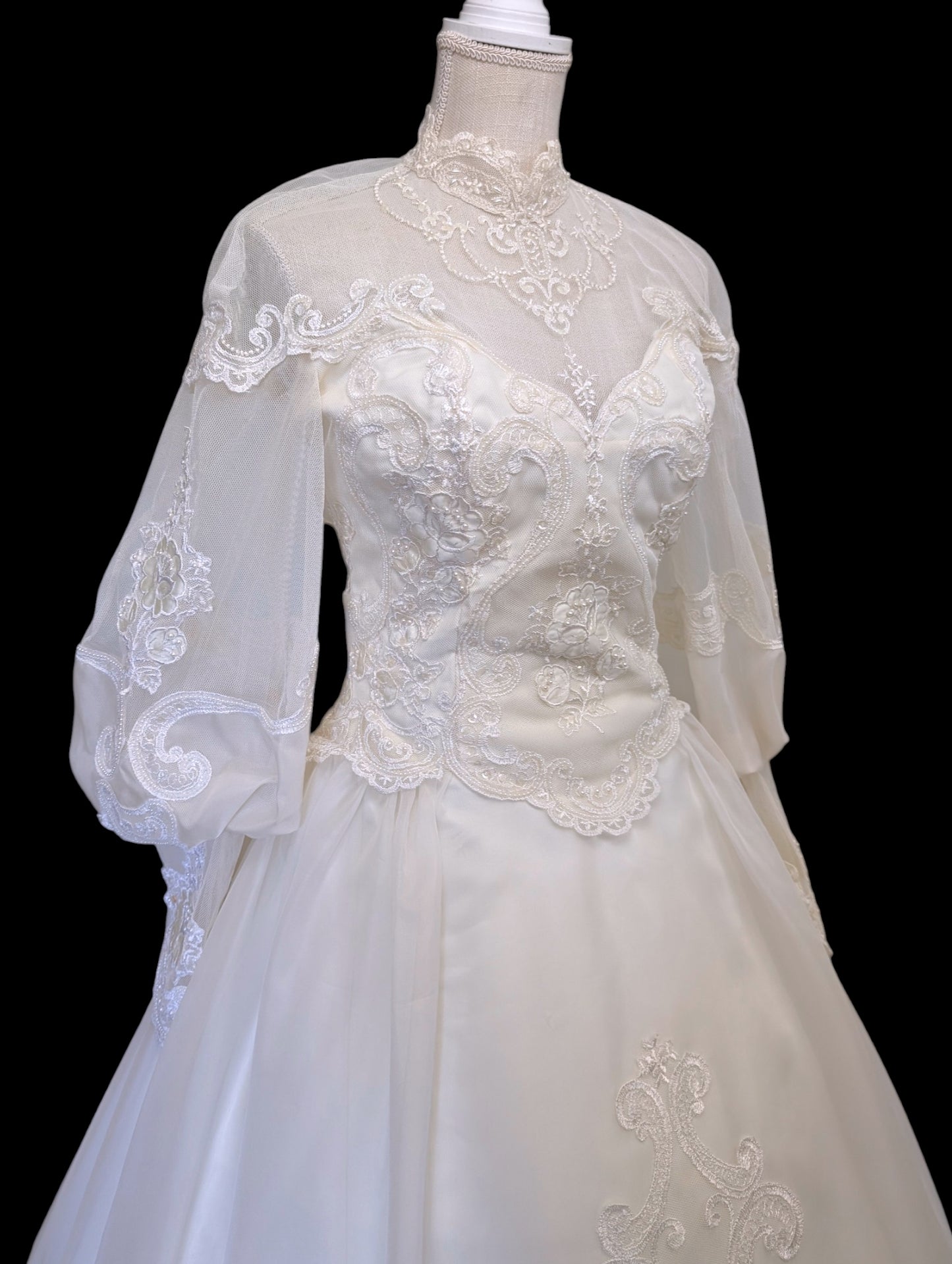 Vintage 1980s Victorian Revival Pearl and Sequin Beaded with Mutton Sleeves Wedding Dress