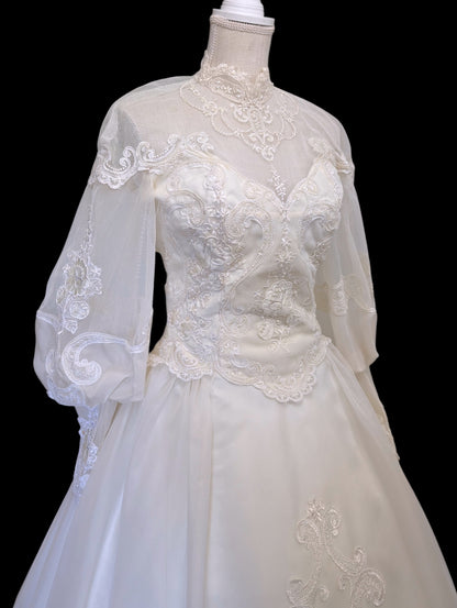 Vintage 1980s Victorian Revival Pearl and Sequin Beaded with Mutton Sleeves Wedding Dress