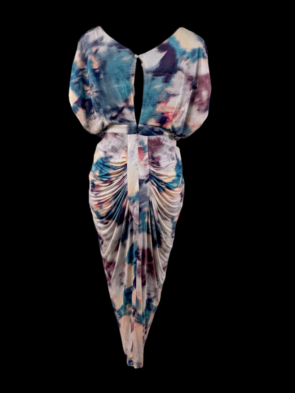 1920s Inspired Designer Saloni Cocoon Style Marbled Watercolor Silk Rouged Dress