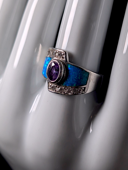 Vintage Bezel Set Oval Cut Solitaire Genuine Amethyst with Blue Mexican Fire Opal Inlay Sterling Silver Wide Band Ring