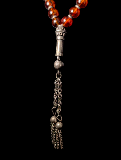 Vintage Amber Toned Beaded Silver Plated Dangle Pendant Necklace