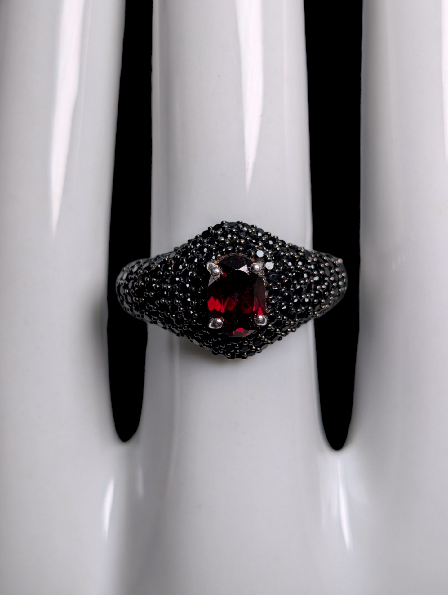 Vintage Oval Cut Earth Mined Genuine Spessartite Garnet Solitaire with Black Onyx Cluster Accents Sterling Silver Ring