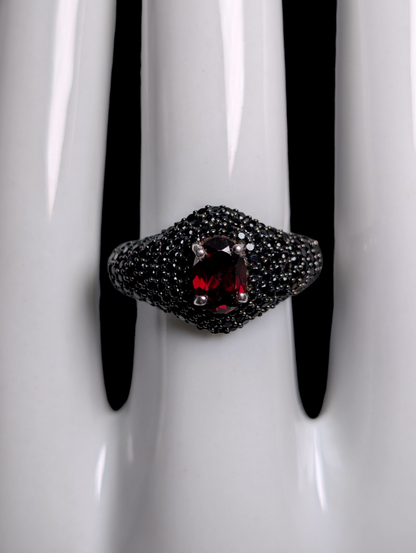 Vintage Oval Cut Earth Mined Genuine Spessartite Garnet Solitaire with Black Onyx Cluster Accents Sterling Silver Ring