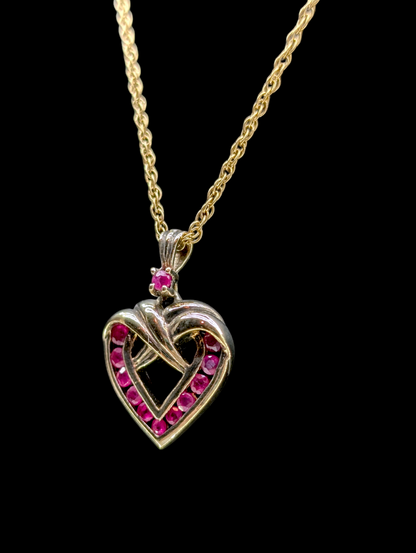 Vintage 18K Gold Vermeil Genuine Ruby Heart Pendant and Chain Necklace