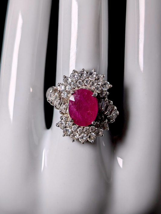 Vintage Art Deco Inspired Earth Mined Genuine Ruby Solitaire and Simulated Diamond Double Halo Sterling Silver Ring