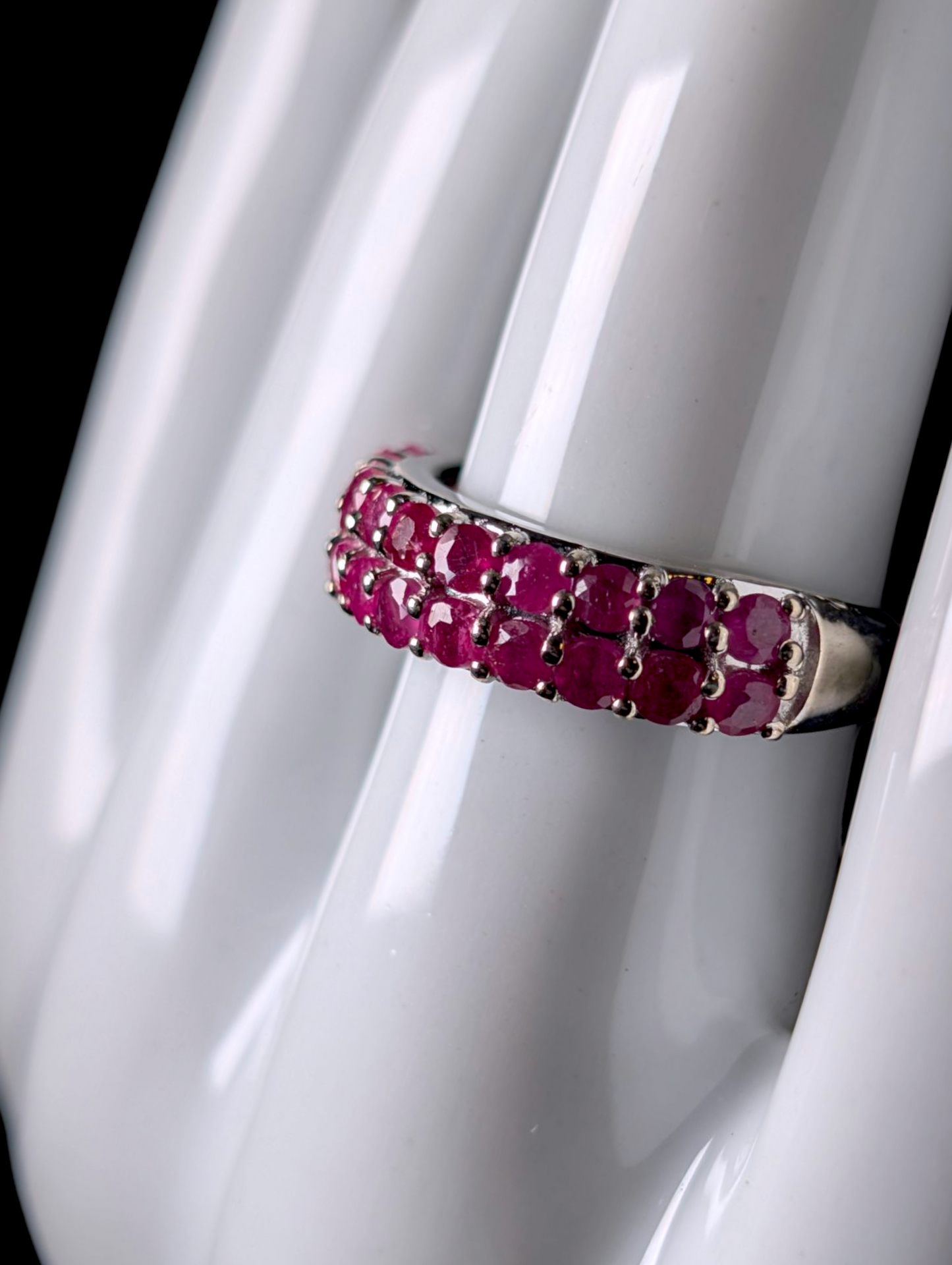 Half Eternity Double Row Earth Mined Genuine African Red Ruby Sterling Silver Band Ring