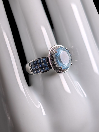 Vintage 10k White Gold Genuine Aquamarine Oval Cut Solitaire with Blue Sapphire Accent Stones and Diamond Accented Halo Ring