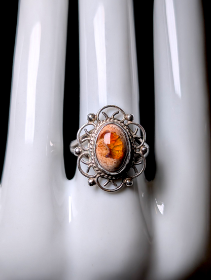 Vintage Cabochon Cut Earth Mined Genuine Mexican Boulder Fire Opal Sterling Silver Filigree Ring