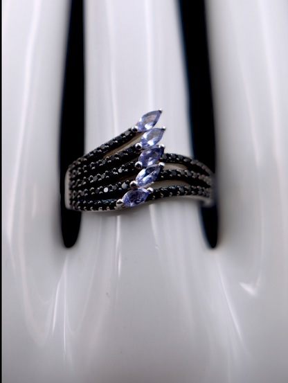 Vintage Inspired Genuine Tanzanite and Black Spinel Sterling Silver 925 Ring