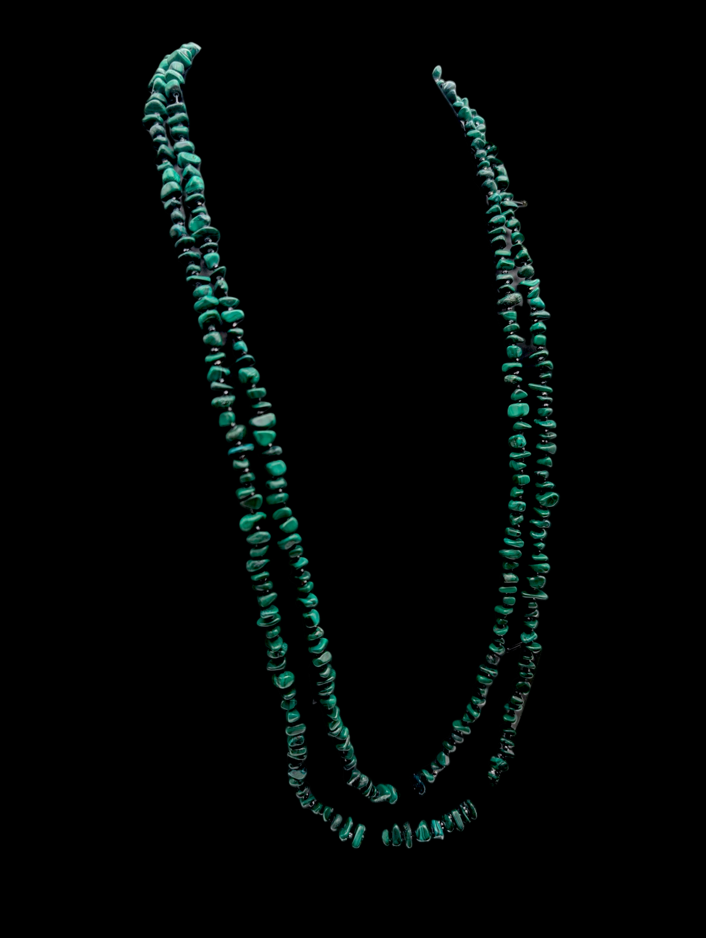Vintage Genuine Malachite and Black Onyx Gemstone Extra Long Sterling Silver Necklace