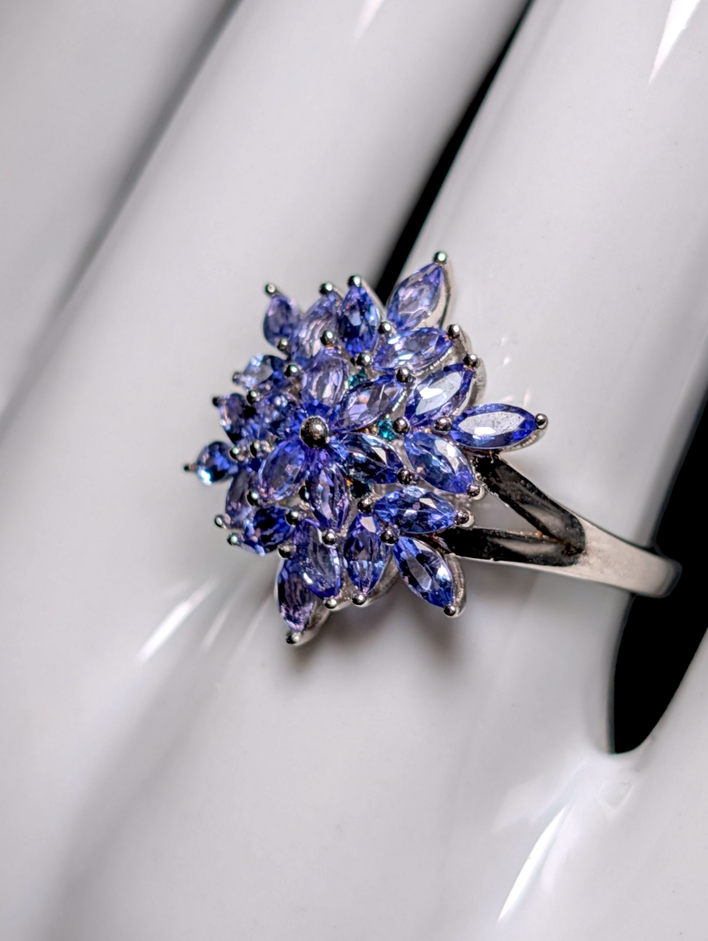 Vintage Starburst Flower Earth Mined Genuine Light Purple Tanzanite and Hidden Blue Topaz Sterling Silver Cluster Statement Ring