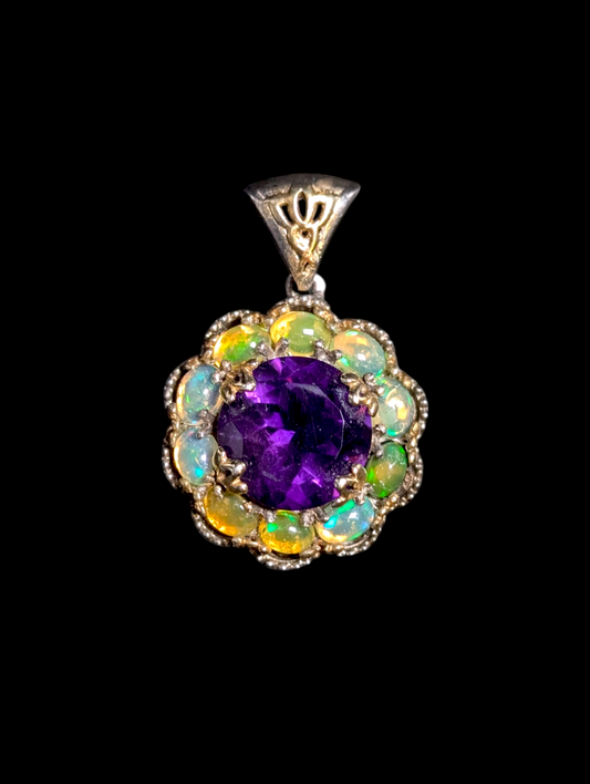 Vintage Art Nouveau Inspired Genuine Grape Purple Amethyst Solitaire and Ethiopian Opal Halo 14k Yellow Gold and Sterling Silver Pendant