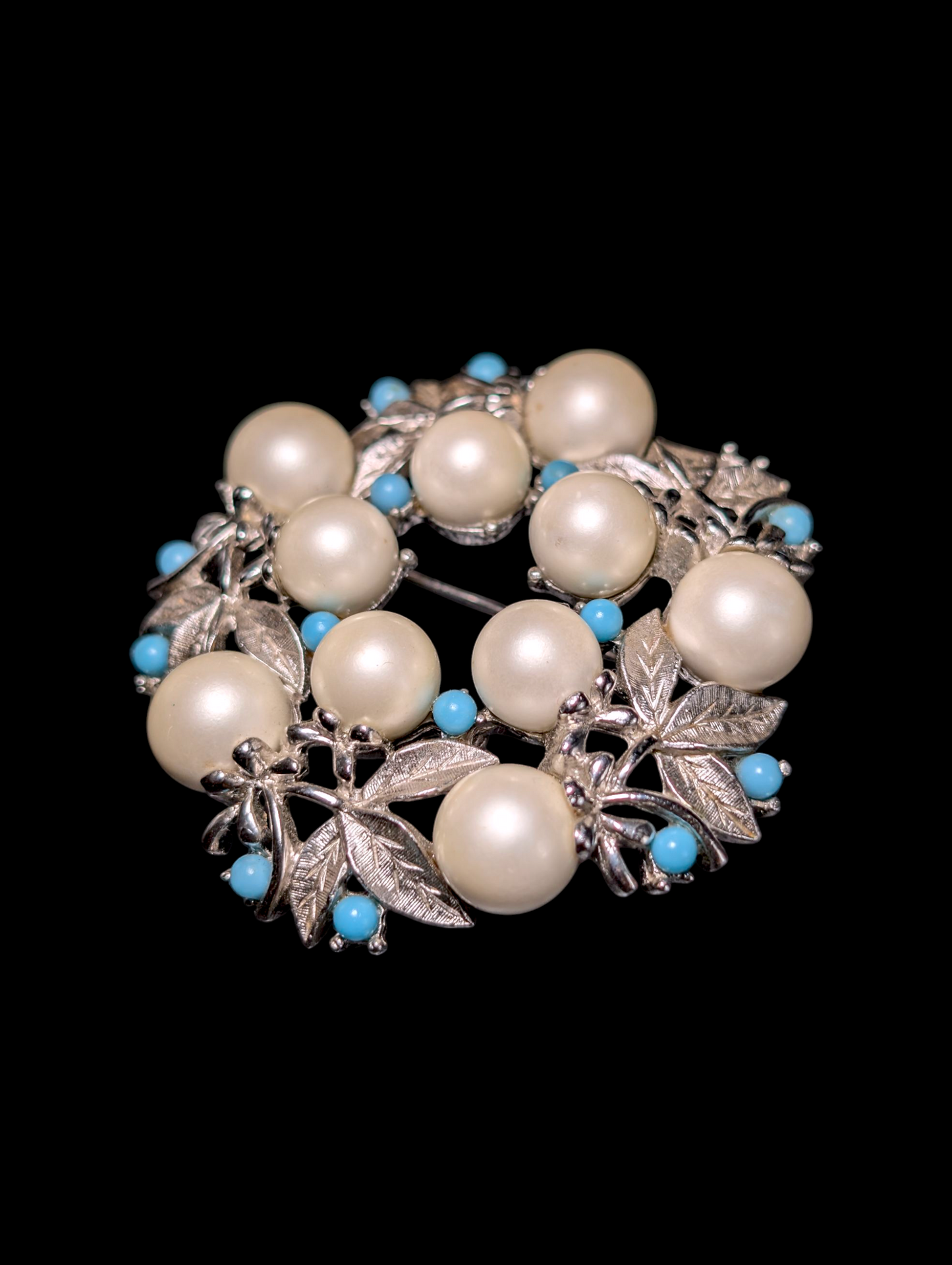 1960s Vintage Sarah Coventry Alaskan Summer Silver Toned Pearl and Turquoise Blue Beaded Wreath Brooch and Matching Earrings Set