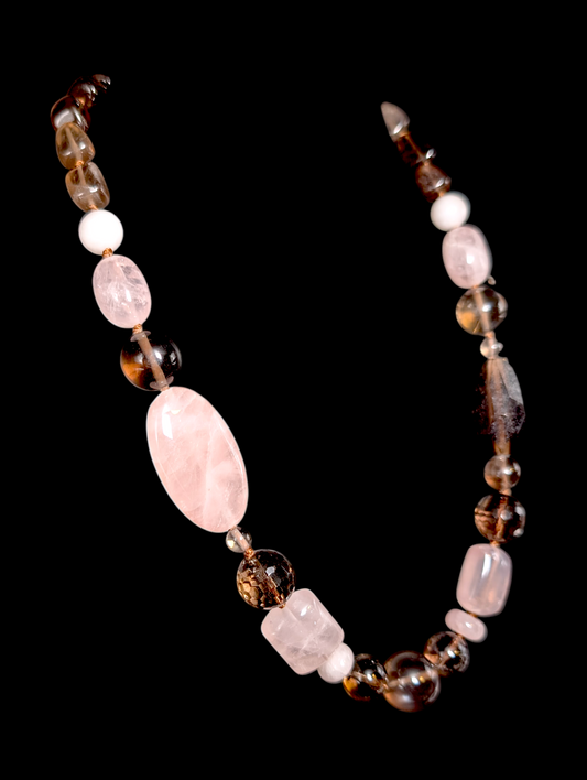 Vintage Hand Knotted Mixed Genuine Quartz and Agate Chunky Multi-Cut Necklace