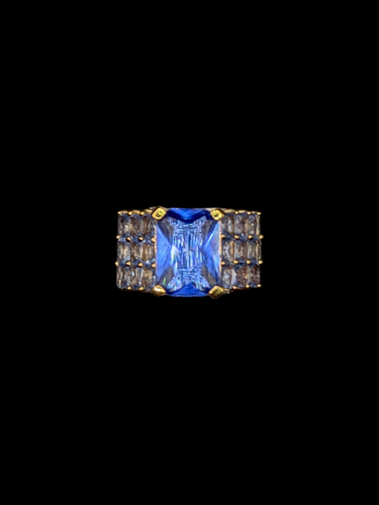 Vintage Chateau D'Argent Rectangular Radiant Cut Simulated Blue Sapphire Solitaire with Matching Accents Gold Over Sterling Silver Statement Cocktail  Ring