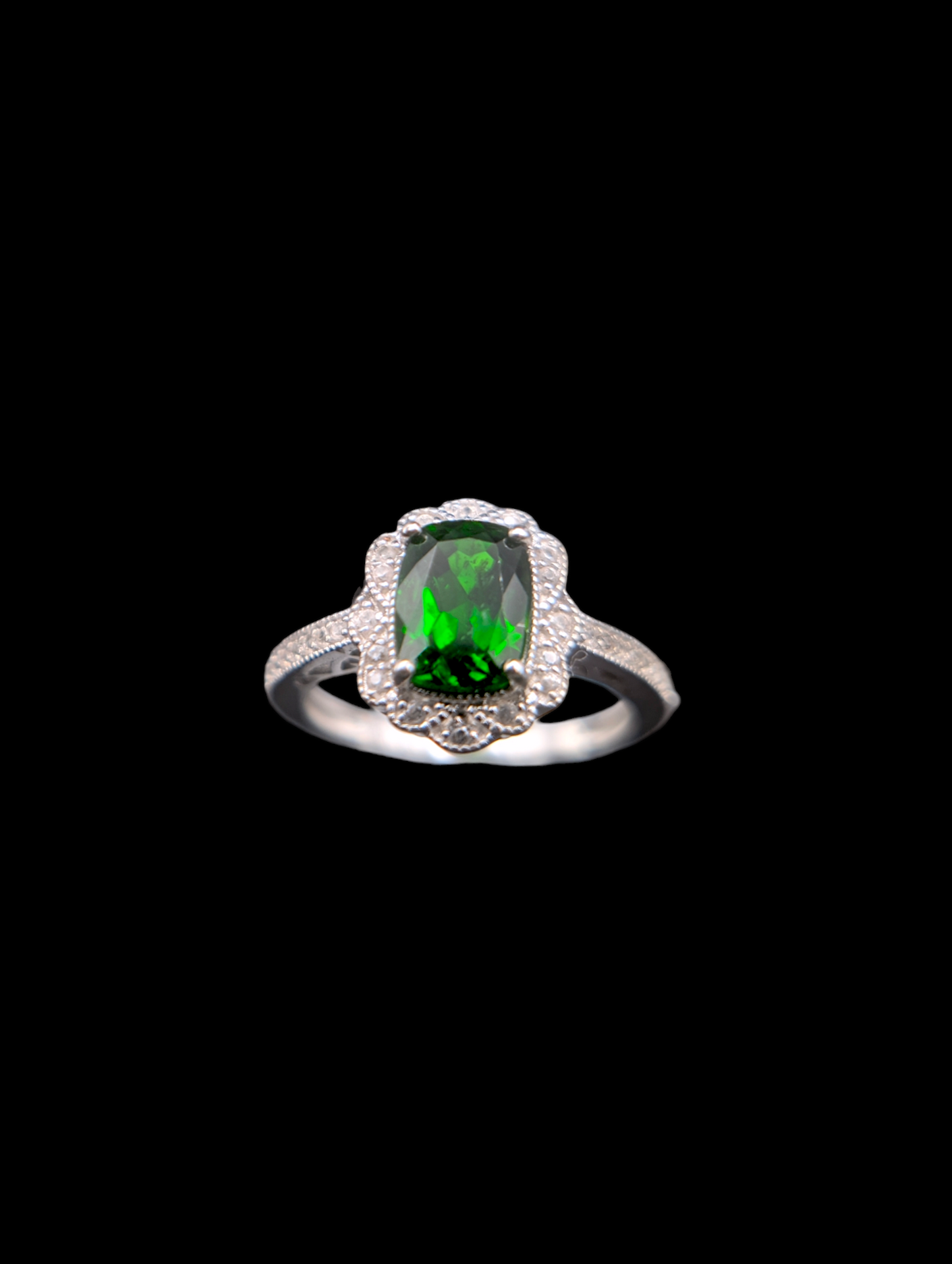Edwardian Inspired Radiant Cut Green Chrome Diopside and White Topaz Halo Sterling Silver Ring
