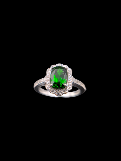 Edwardian Inspired Radiant Cut Green Chrome Diopside and White Topaz Halo Sterling Silver Ring