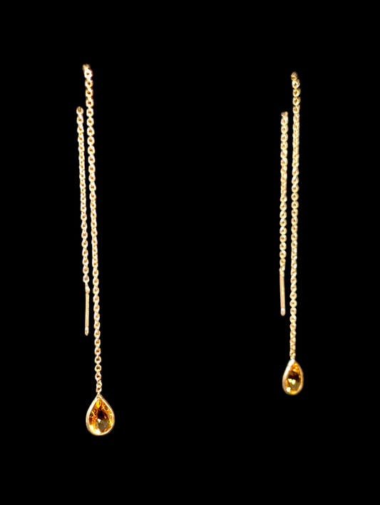 Vintage Threader Genuine Imperial Topaz Pear Cut 14k Yellow Gold Earrings