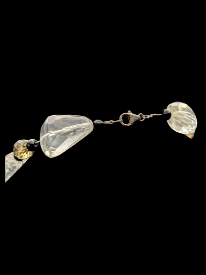Vintage Briolette Cut Genuine Smoky Quartz, Crystal Quartz and Black Onyx Bead Sterling Silver Statement Necklace