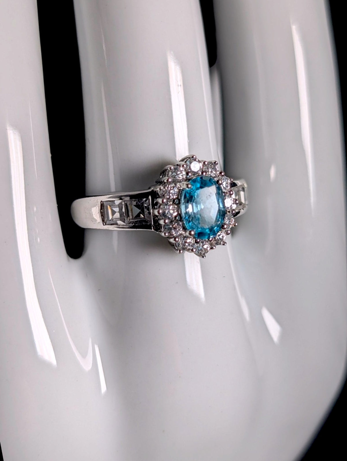 Vintage Genuine Swiss Blue Topaz Solitaire with White Topaz Starburst Halo Sterling Silver Ring