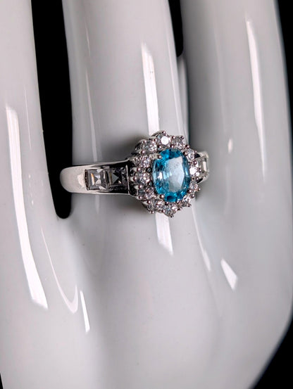 Vintage Genuine Swiss Blue Topaz Solitaire with White Topaz Starburst Halo Sterling Silver Ring