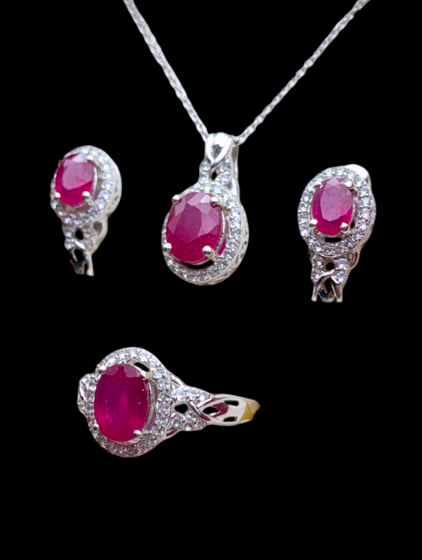 Vintage 5+ Carats Earth Mined Genuine Ruby and Diamond Halo Necklace, Ring and Earrings Sterling Silver 3 Piece Set