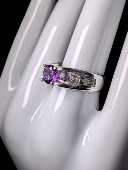 Vintage Floating Round Cut Genuine Purple Amethyst and White Topaz Sterling Ring