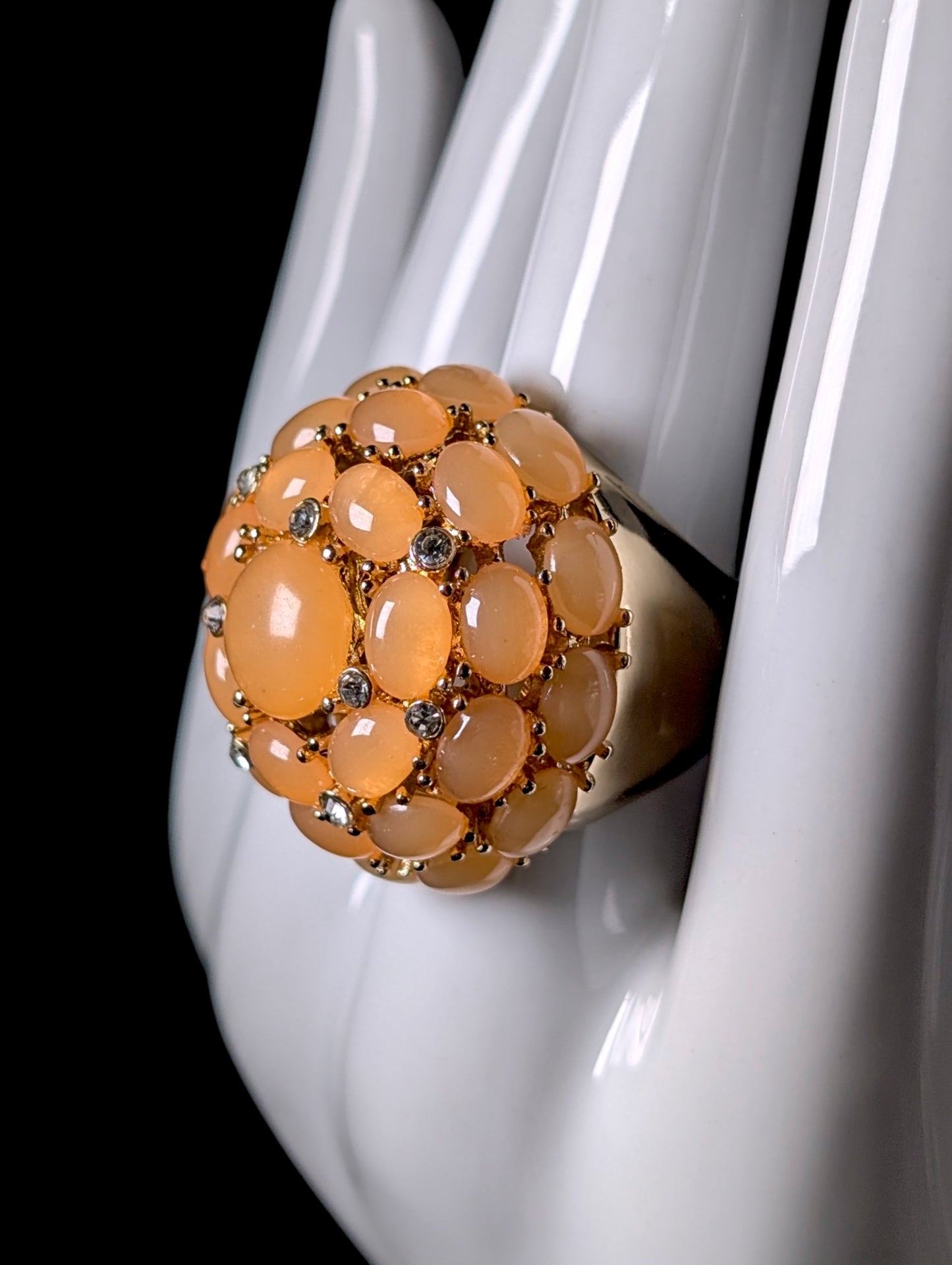 Vintage Orange Cabochon and Rhinestone Cocktail Gold Toned Ring
