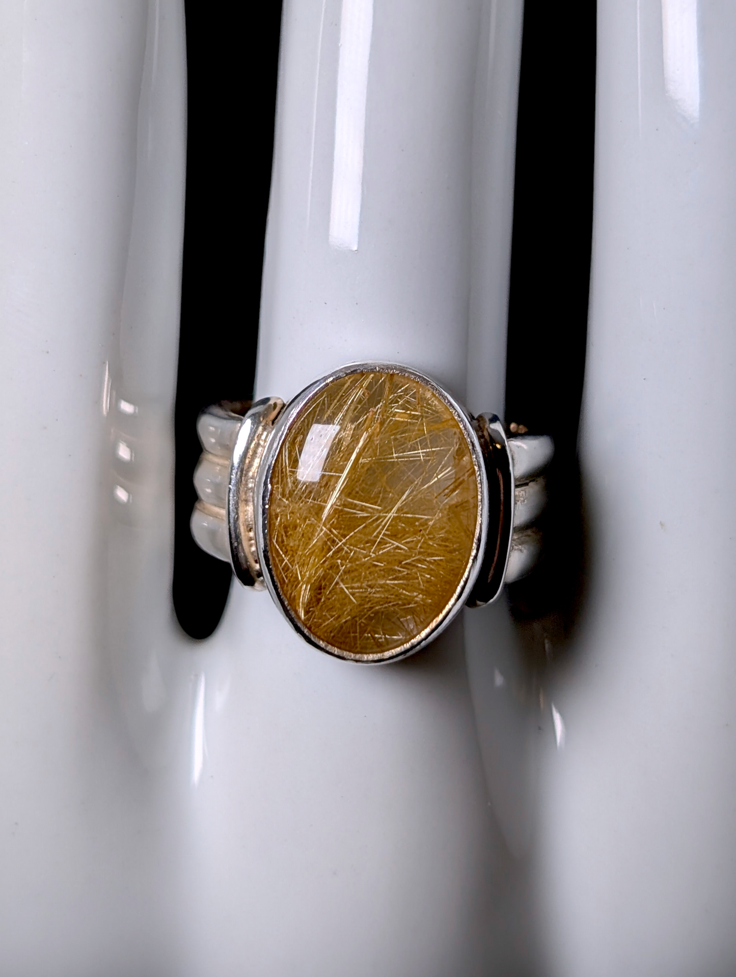 Vintage Bezel Set Oval Cabochon Genuine Golden Rutilated Quartz Solitaire Sterling Silver Men's Pinky Ring