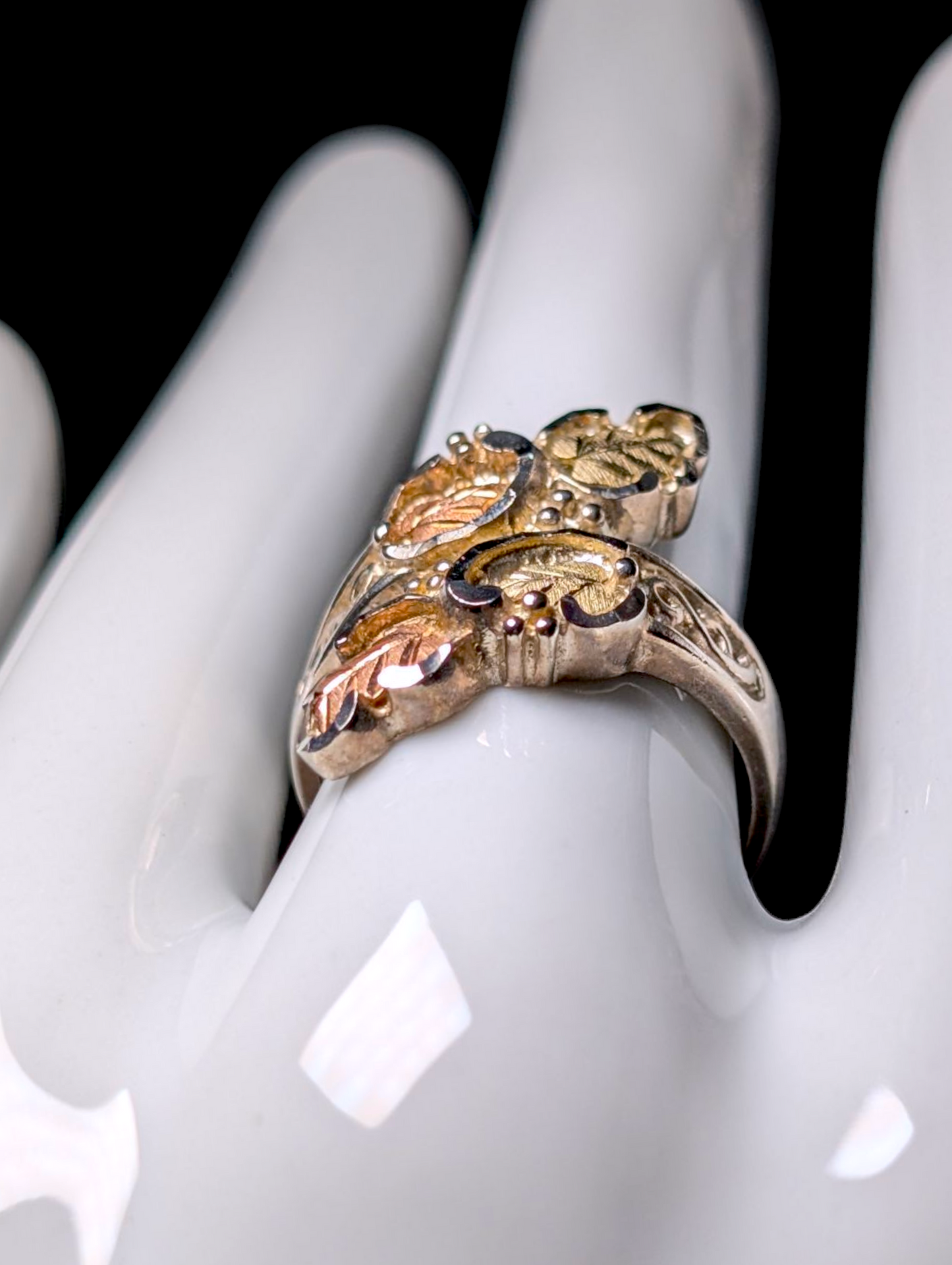 Vintage Black Hills Gold Carved 12K Gold and Sterling Silver Wrap Ring
