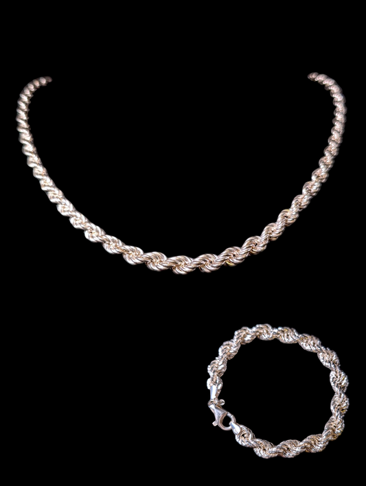 Vintage La Dea Bendata Designer Sterling Silver Rope Twist Necklace and Bracelet Set